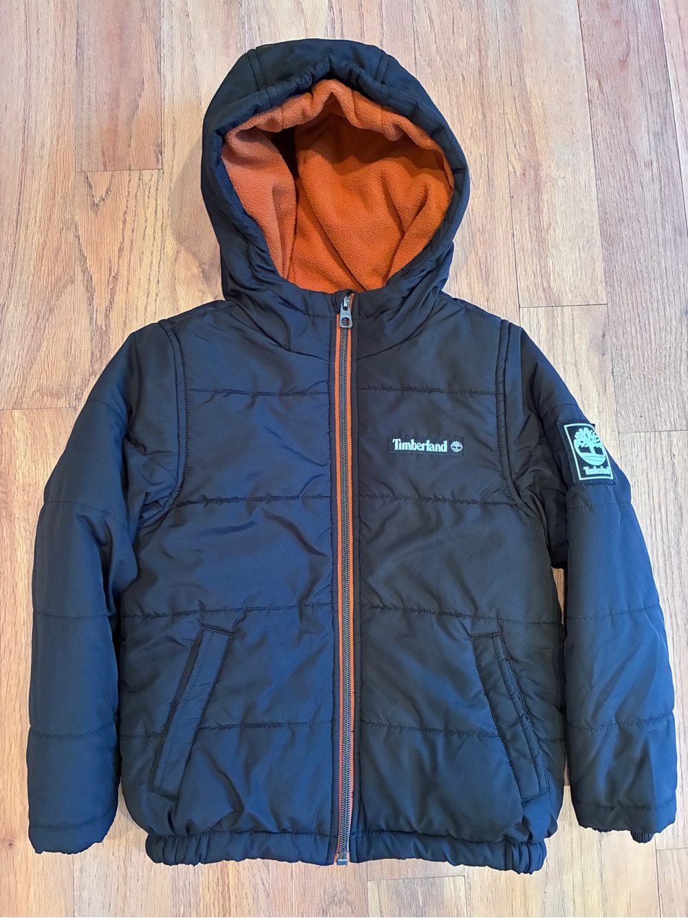Timberland Black Orange Fleece Lined Hooded Puffer Jacket Kids Size 5